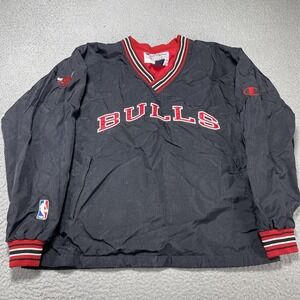 Chicago Bulls Jacket Mens Medium Black NBA Basketball Pullover Champion V Neck